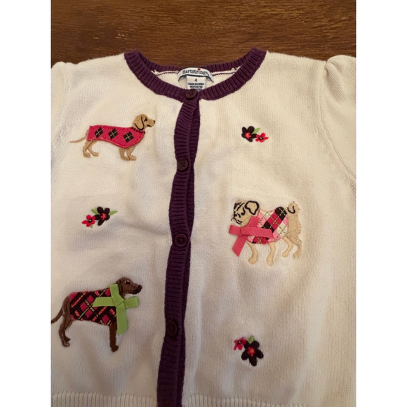 Hartstrings Girls Size 4 Cardigan Dog Applique Argyle Sweater Cream Burgundy - Picture 2 of 4
